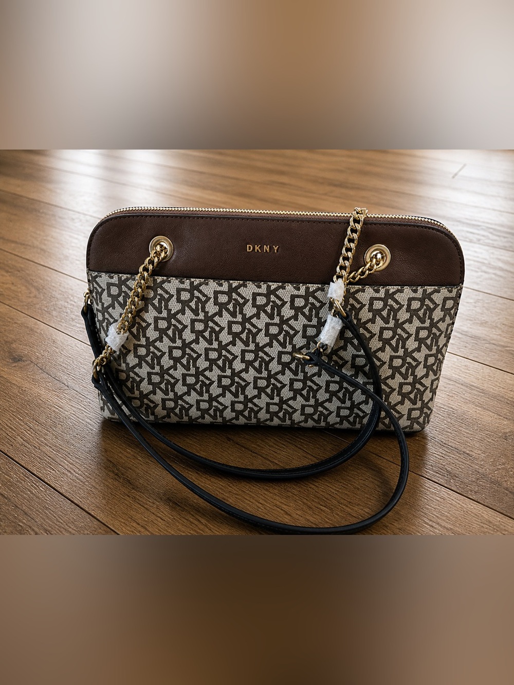 DKNY Brown and Beige Monogram Chain Shoulder Bag